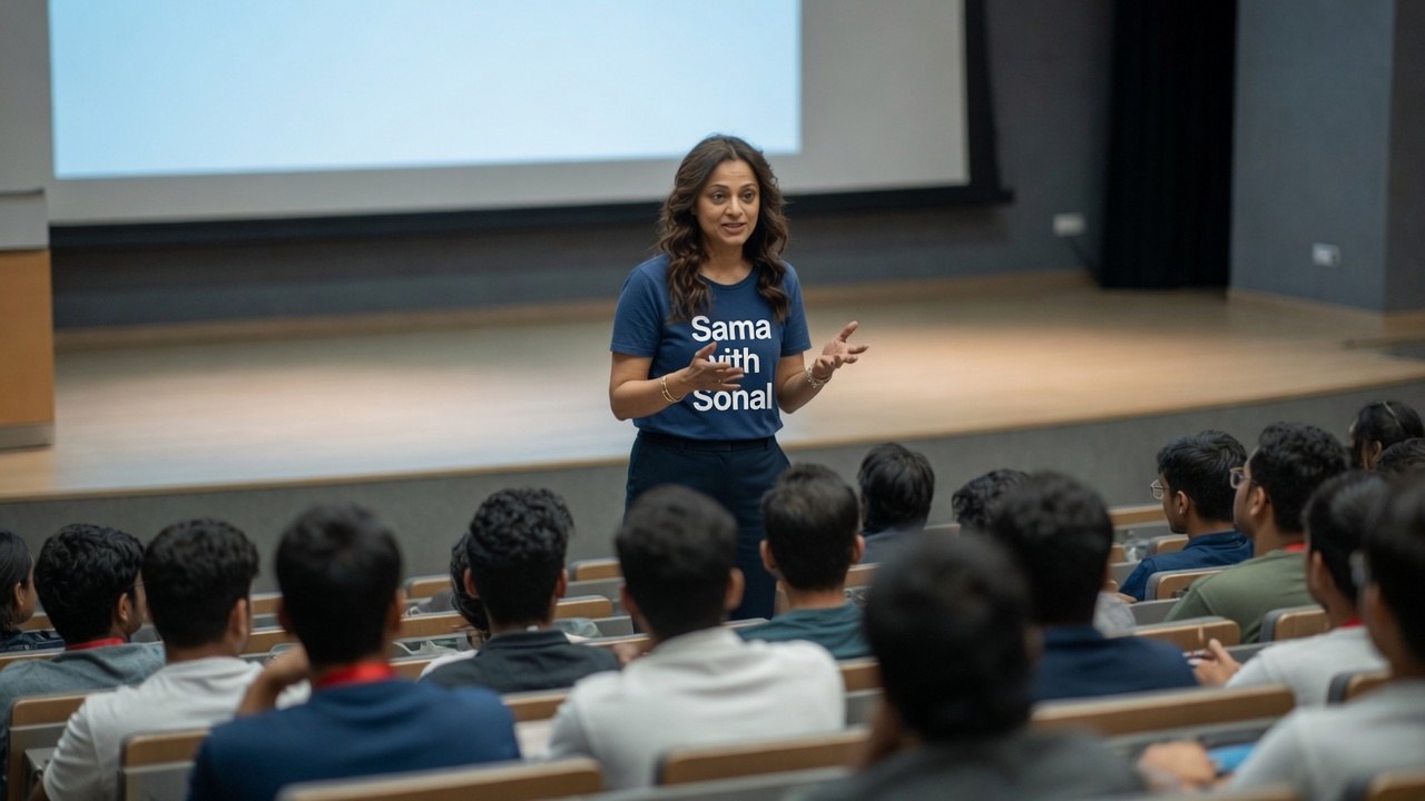 Sonal Vartak lecturing to young adults in a hall, audience view